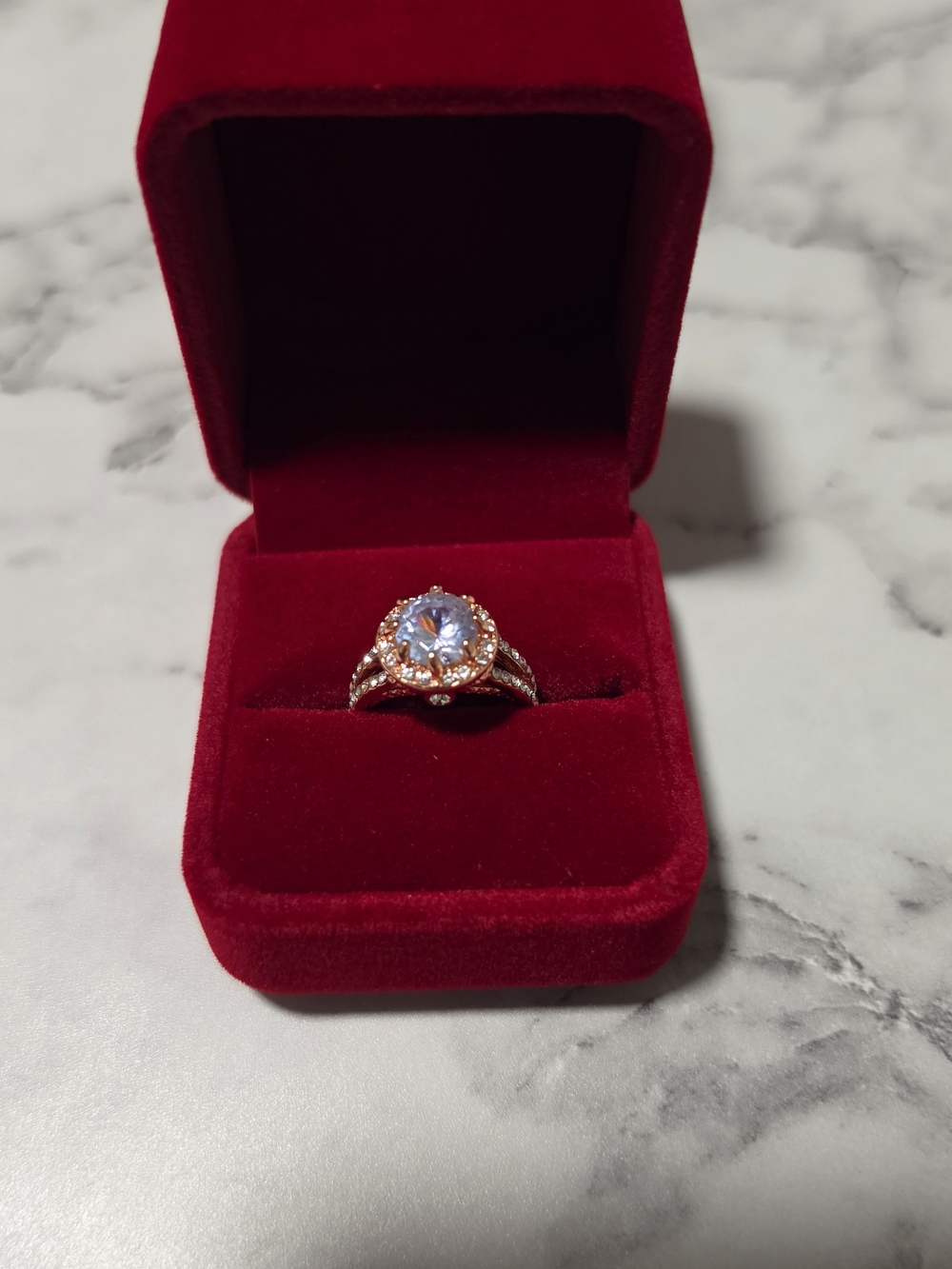 Rose Gold Halo Ring with Light Blue Center Stone - Women Jewelry